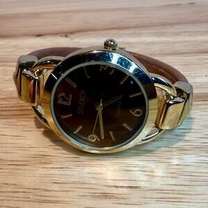 Studio Time Quartz Gold Tone Watch Brown Leather Strap Bracelet Watch Women’s